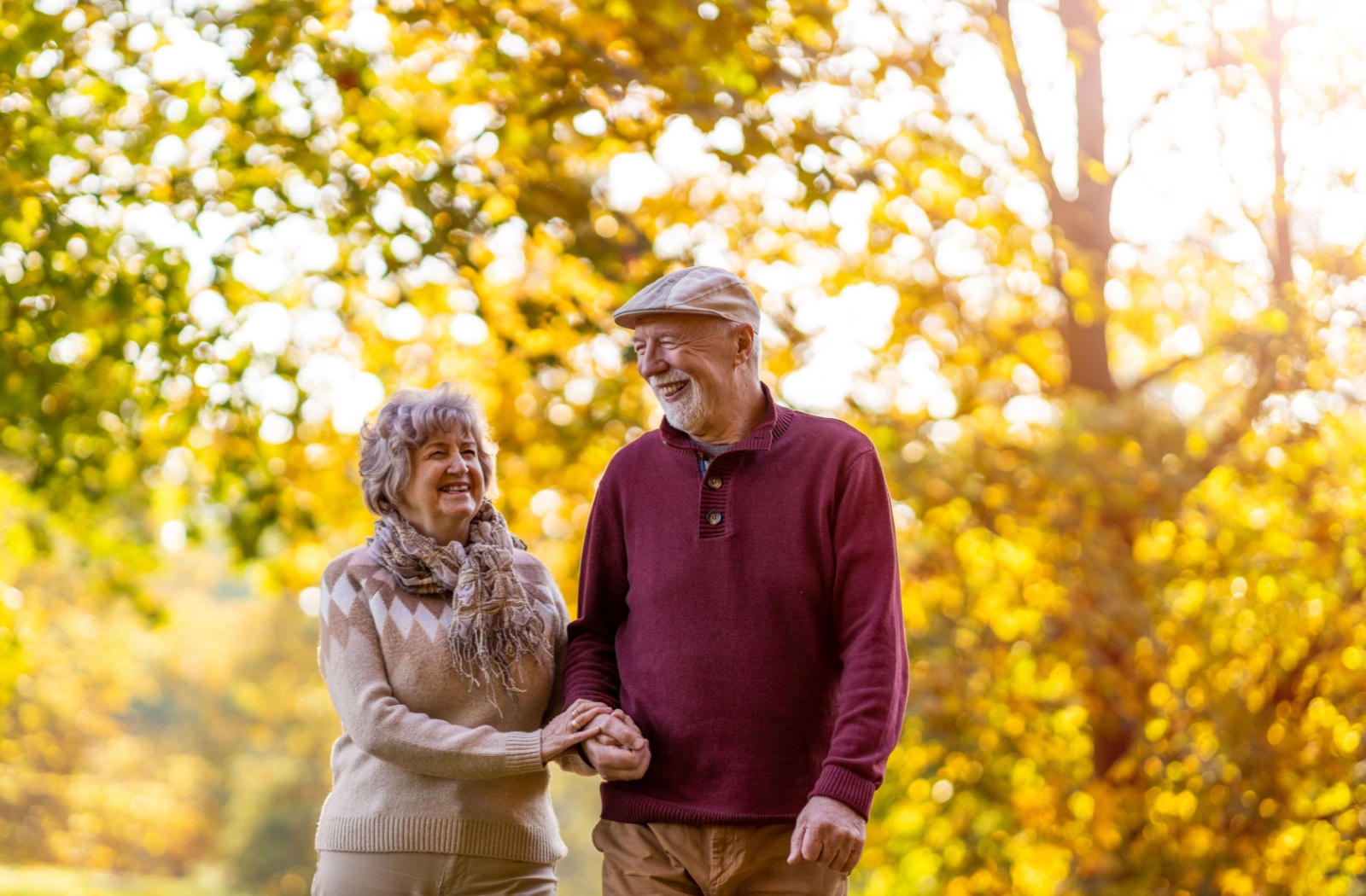 An elderly couple in sweaters talking a walk in the park during fall with yellow leaves on trees in the background.