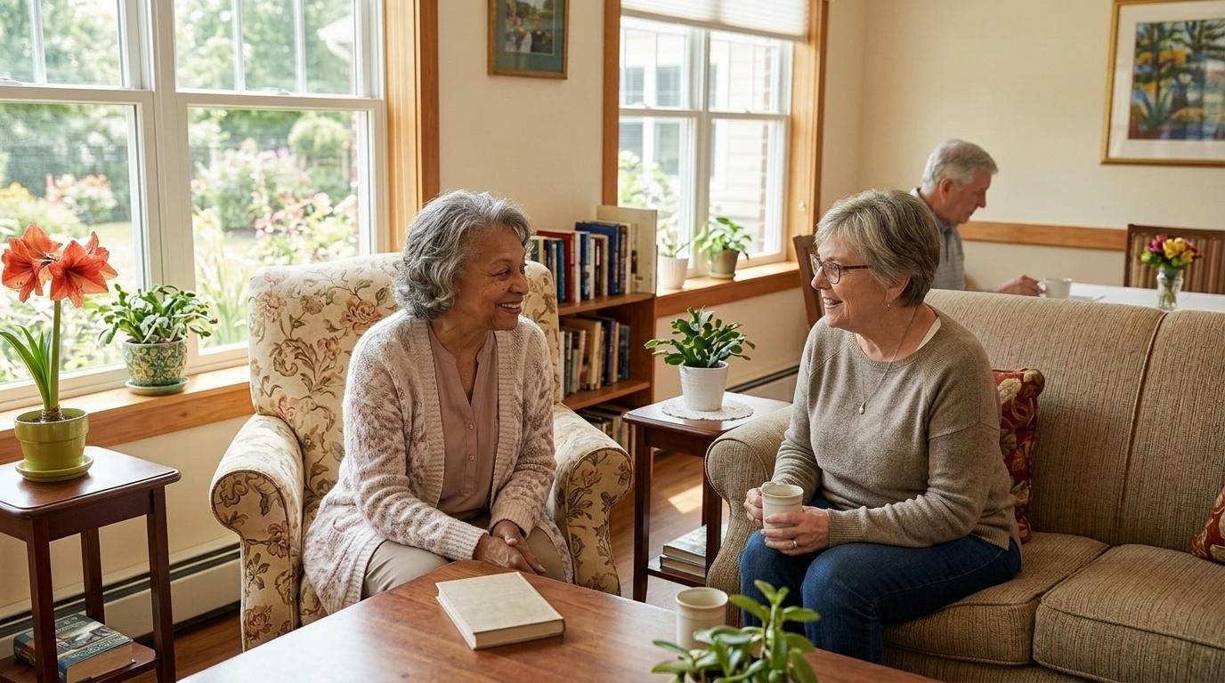 A warm, welcoming assisted living common area where two seniors are chatting.