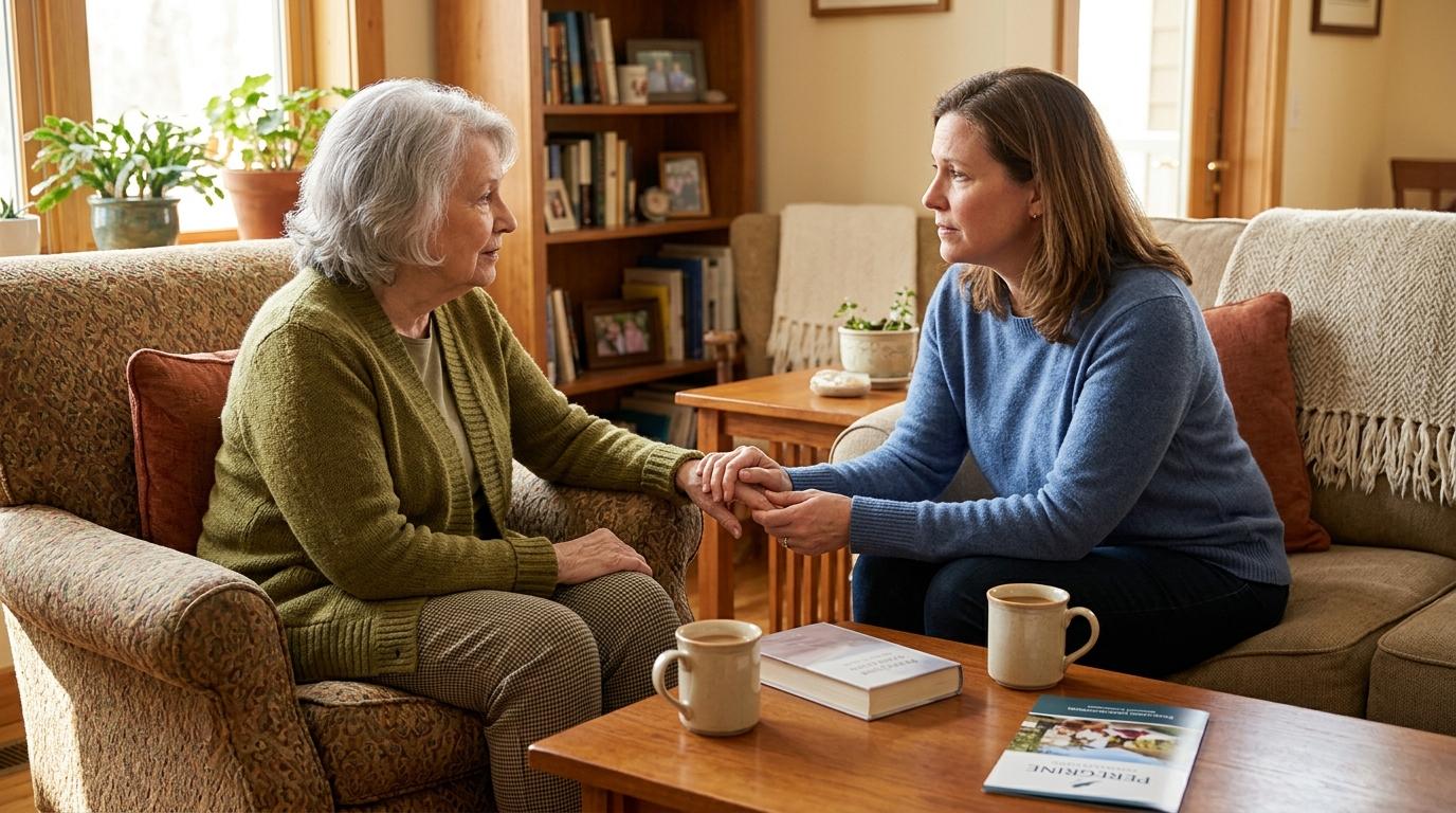 An adult and their older parent share a warm conversation at a kitchen table, suggesting a caring family discussion about assisted living options.