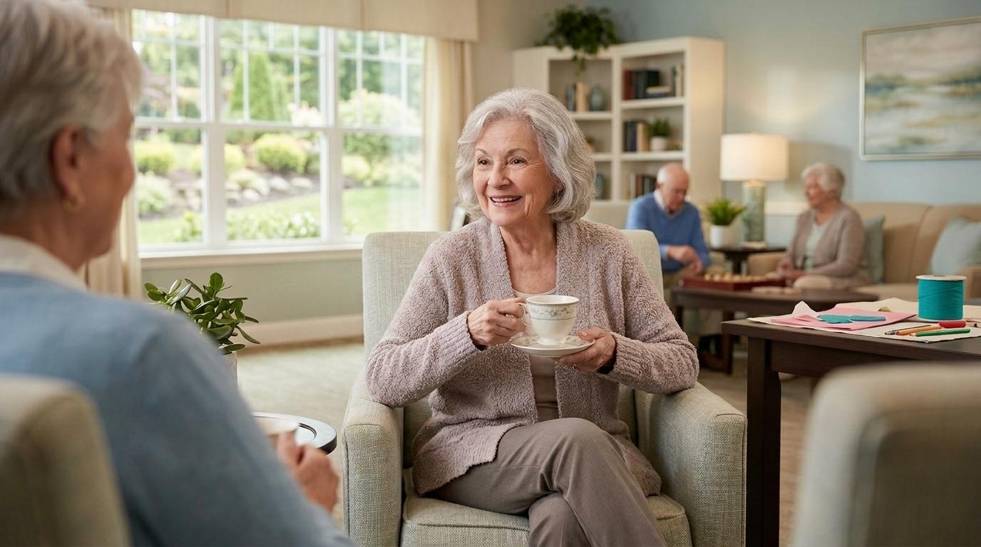 A senior drinks tea in a senior living community while engaging in conversation with a friend.