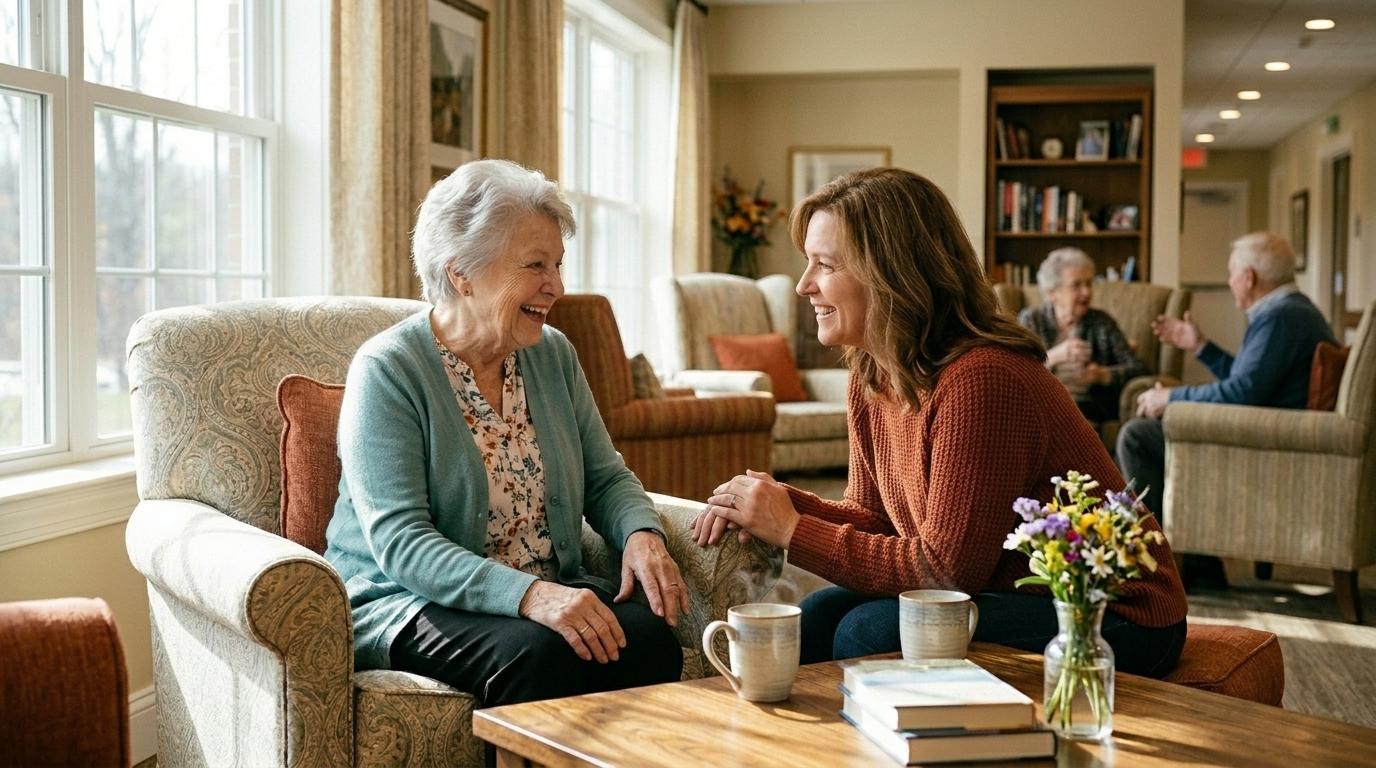 A smiling senior chats with a family member in a warm, welcoming assisted living community setting.