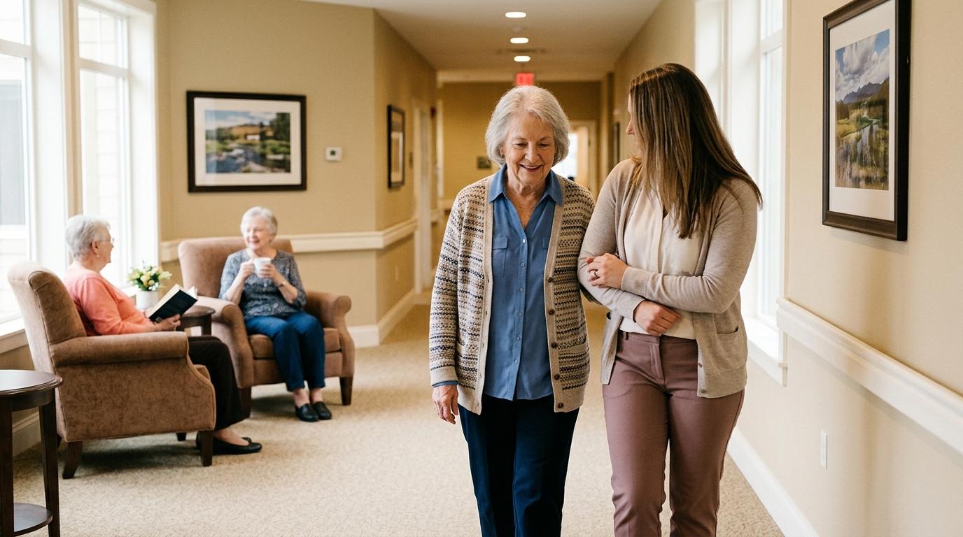 A caregiver helps a senior with walking, reflecting the comfort and support of respite care at a senior living community.