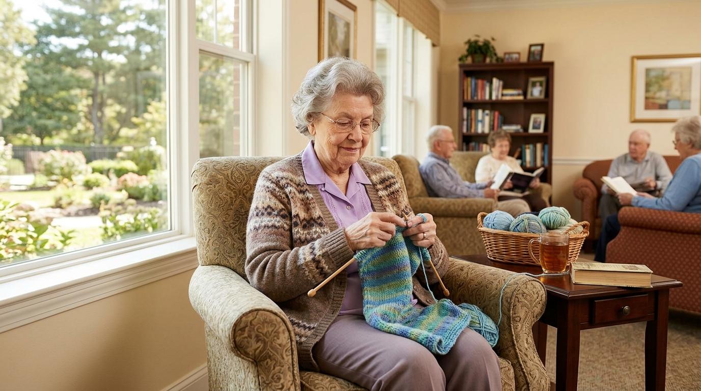 A senior person enjoys a calm, structured day during a respite care stay at a warm, welcoming senior living community.