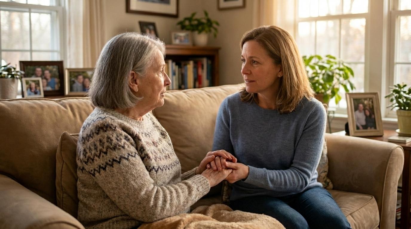 A compassionate family member sitting beside an older adult having a chat