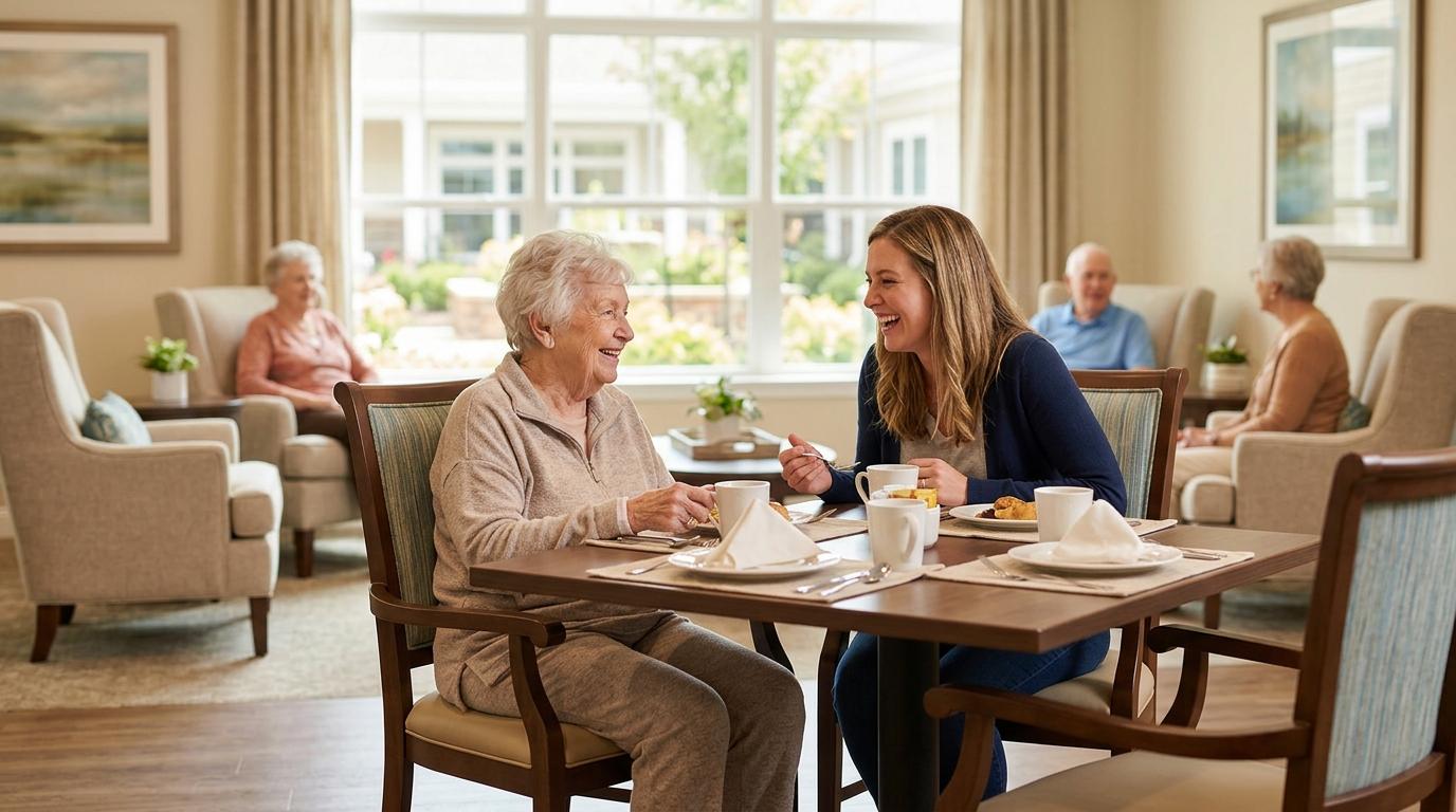 Family members sharing a warm visit with a senior loved one in a bright, welcoming senior living community common area.