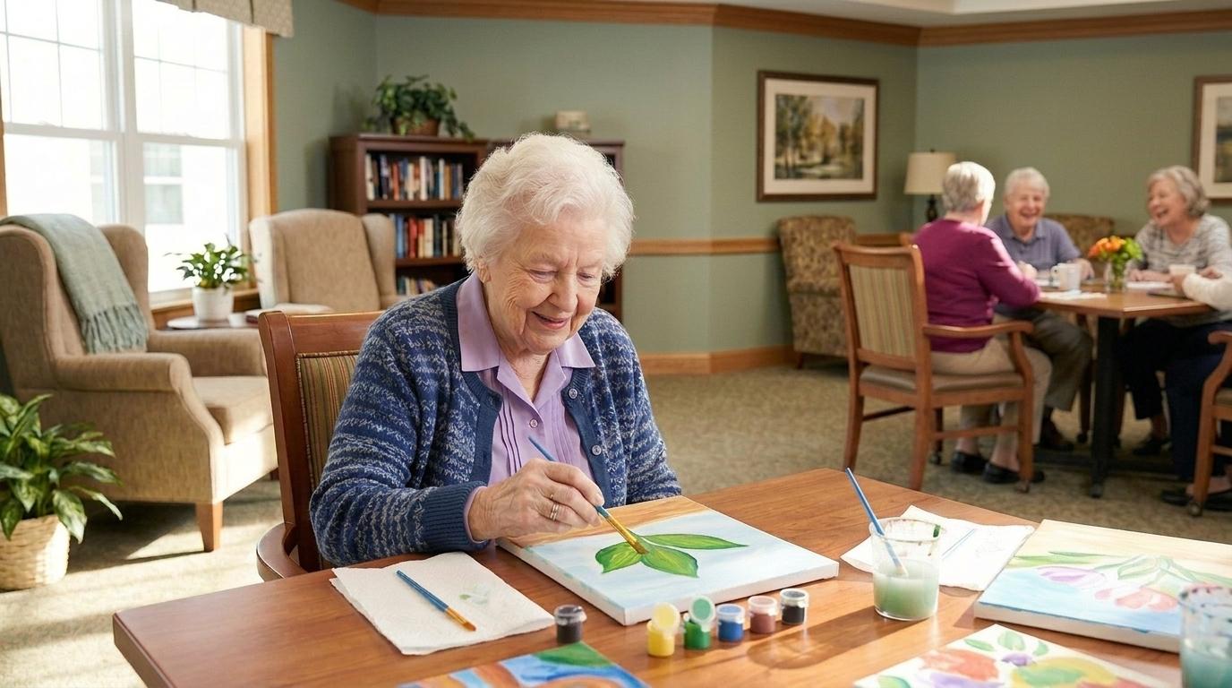 An older adult smiles while painting a three-leafed plant with watercolors in a the lounge of an assisted living community.