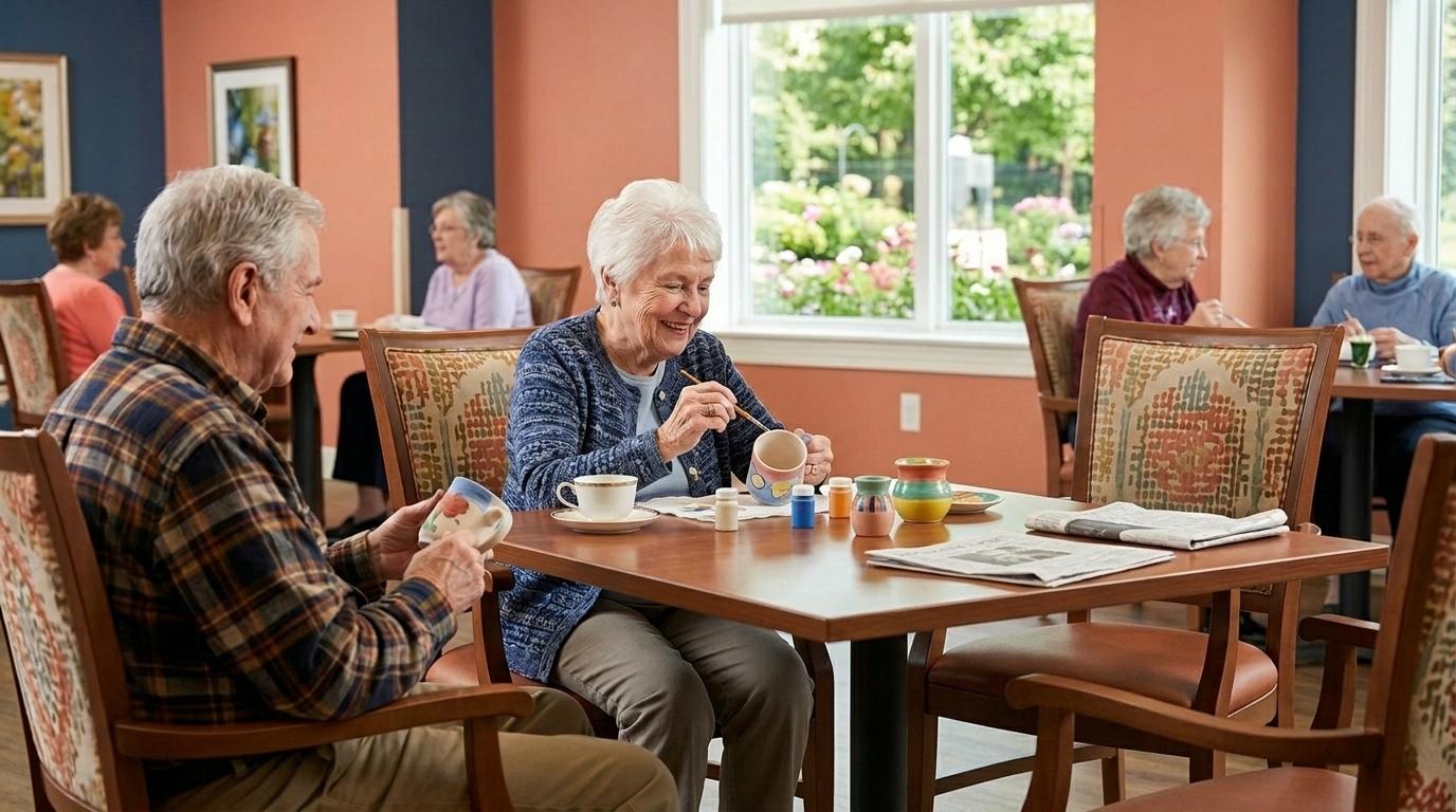 Two older adults laugh while painting mugs at a small table in an art class in their assisted living community.