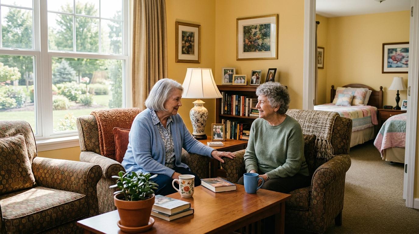 Two seniors have a chat in their companion suite in a senior living community.