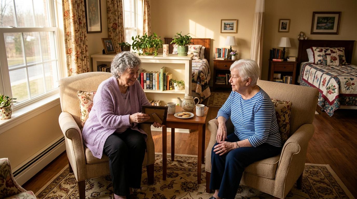 Two smiling seniors sit together in a warmly lit senior living suite, representing the comfort of companion living.